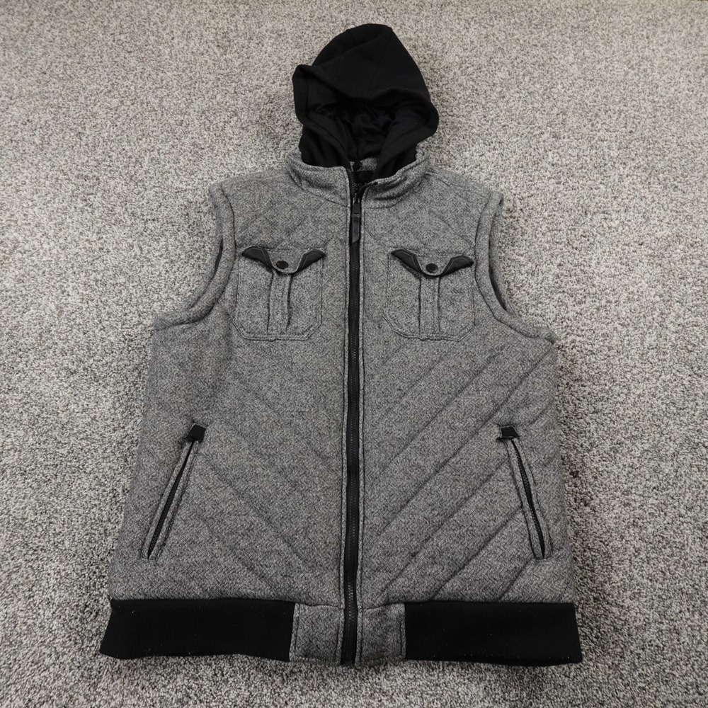 Marc Ecko Unltd Vest‎ Mens L Gray Quilted Zip Hoodie Bomber Jacket Skate Grunge